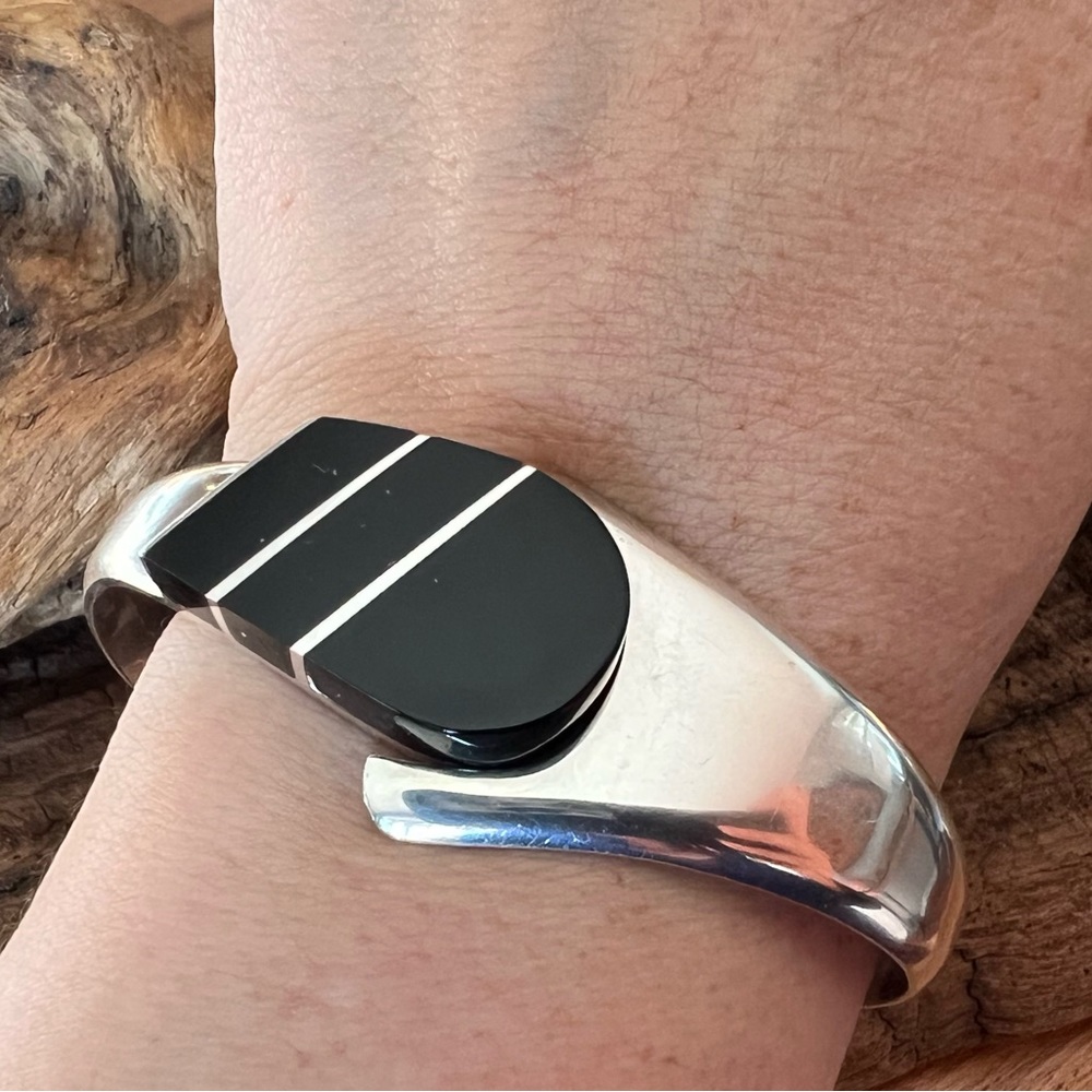 Authentic Taxco México Silver TL-57 Onix Negro Onyx Bracelet Clamper 925 Gem 7”